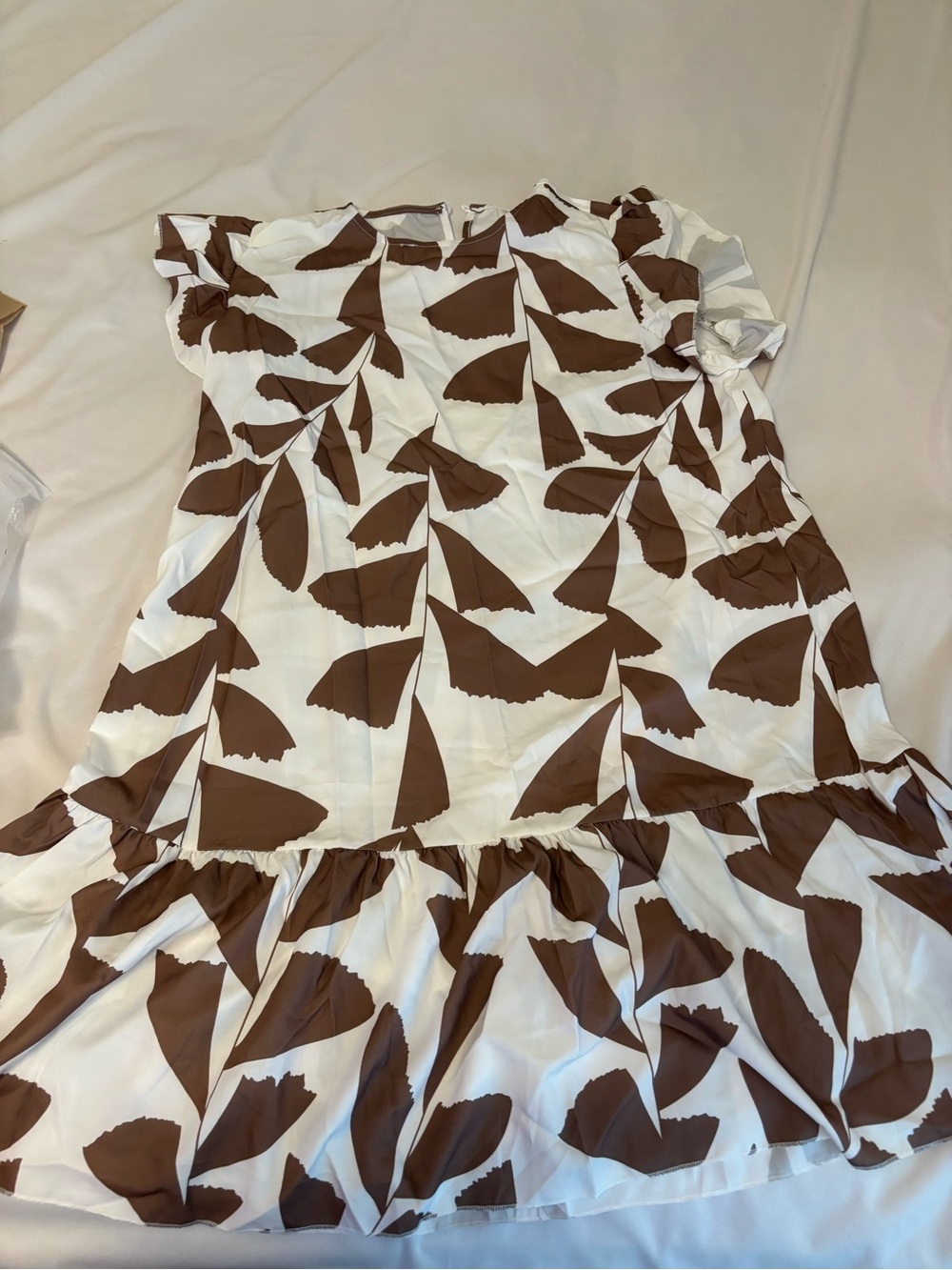 Brown and White Floral Print Ruffle Hem Dress